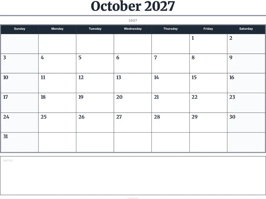 October 2027 Calendar Printable with Notes - Serif Grid preview