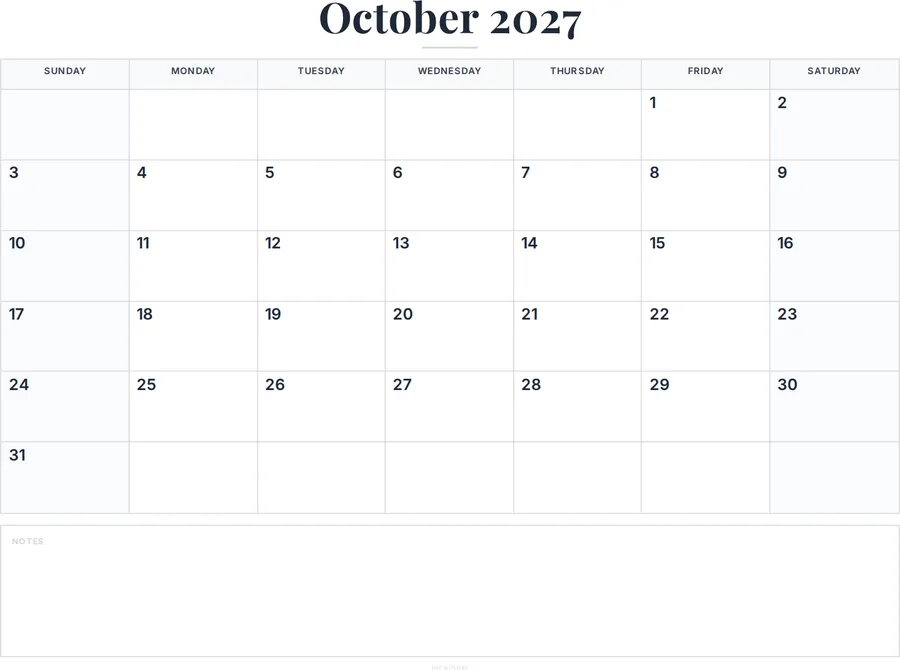 October 2027 Calendar Printable with Notes preview