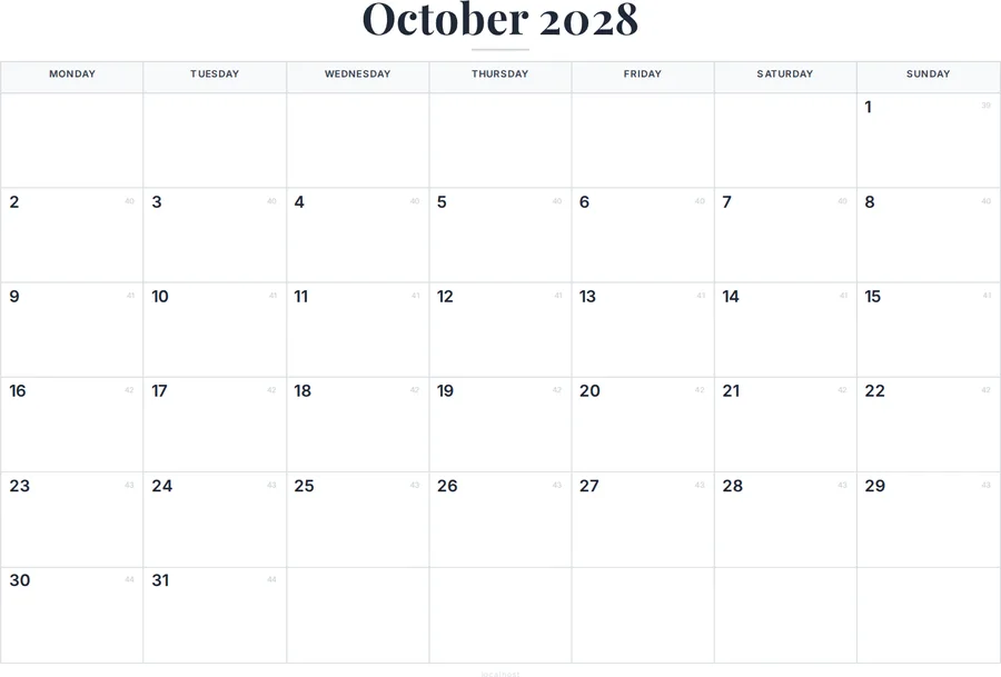 October 2028 Calendar Printable with UK Holidays preview