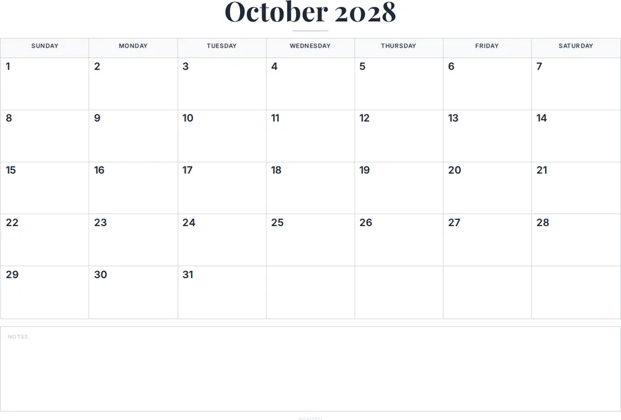 October 2028 Calendar Printable with Notes preview