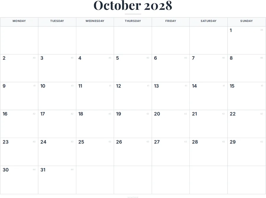 October 2028 Calendar with Holidays preview