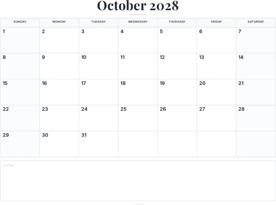 October 2028 Calendar Printable with Notes preview