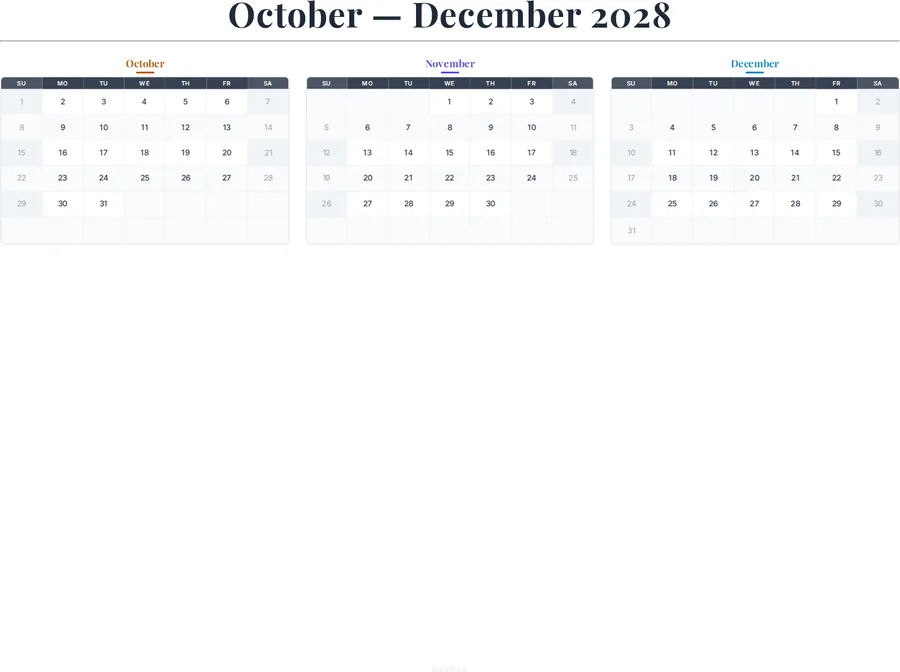 October-December 2028 Calendar preview