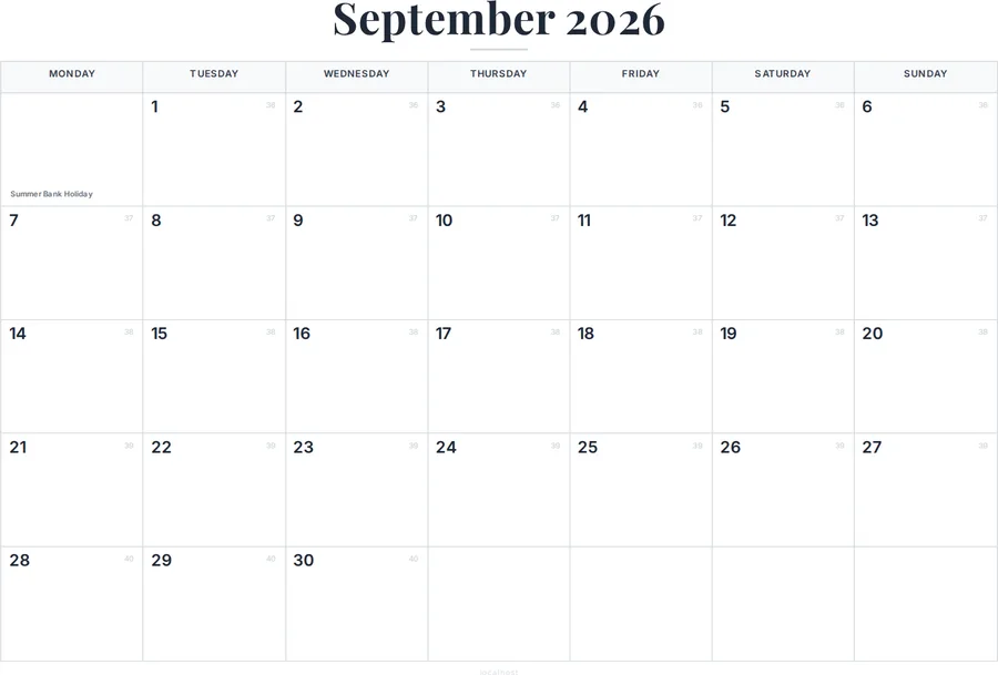 September 2026 Calendar Printable with UK Holidays preview