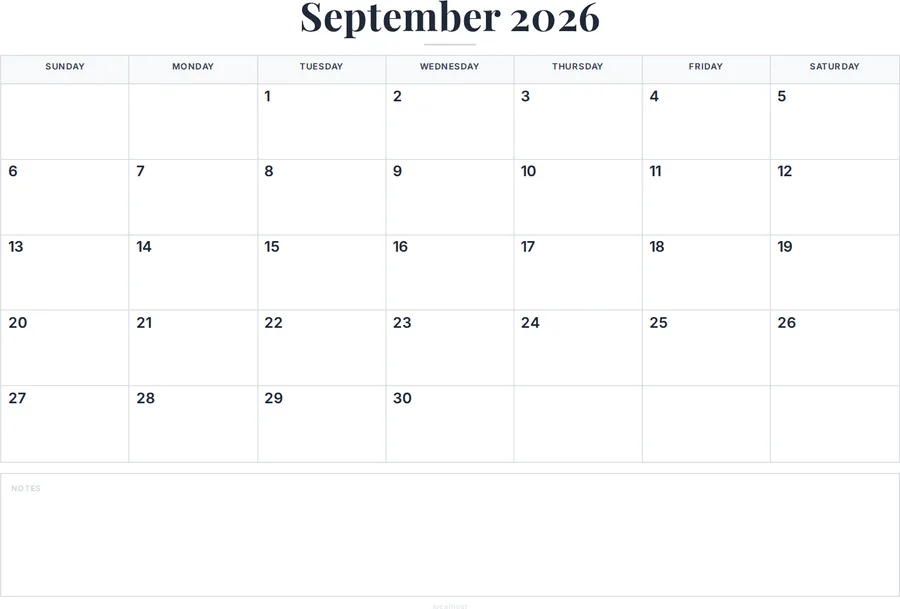 September 2026 Calendar Printable with Notes preview