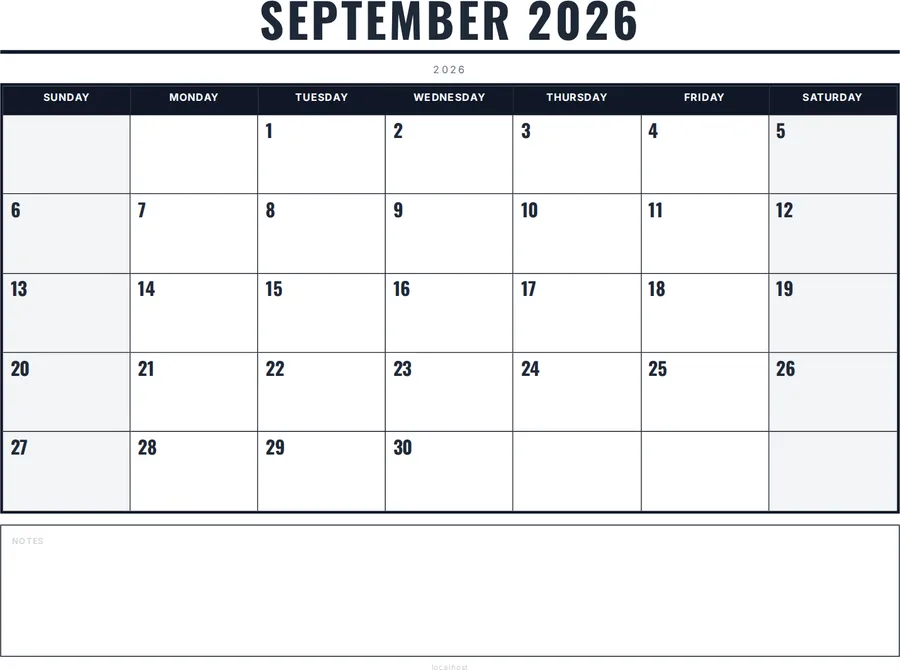 September 2026 Calendar Printable with Notes - Bold preview