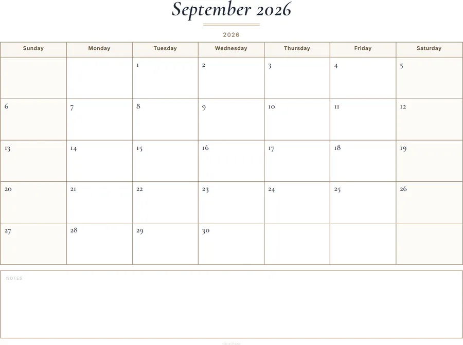 September 2026 Calendar Printable with Notes - Classic preview