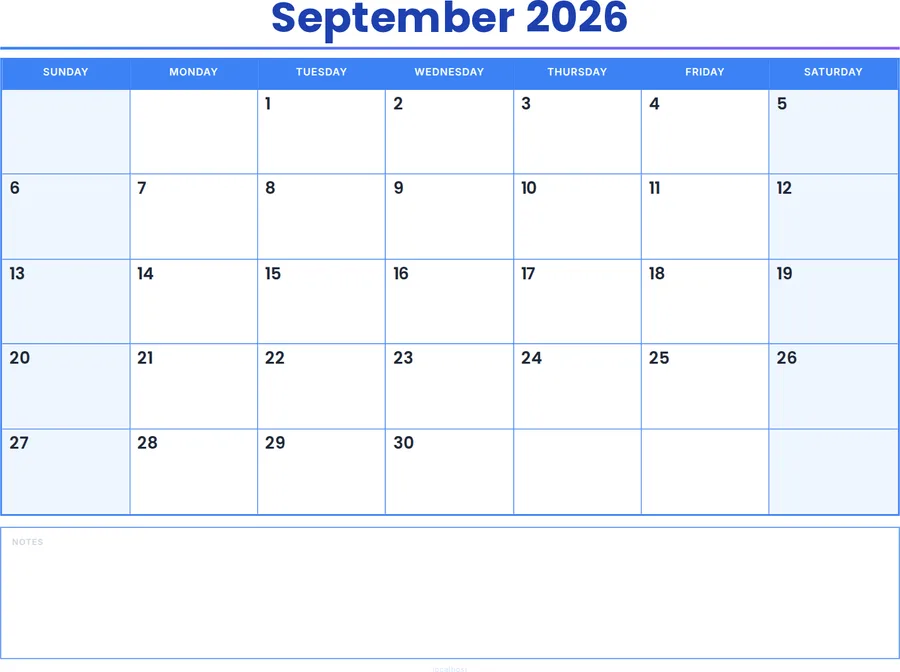 September 2026 Calendar Printable with Notes - Colored Header preview