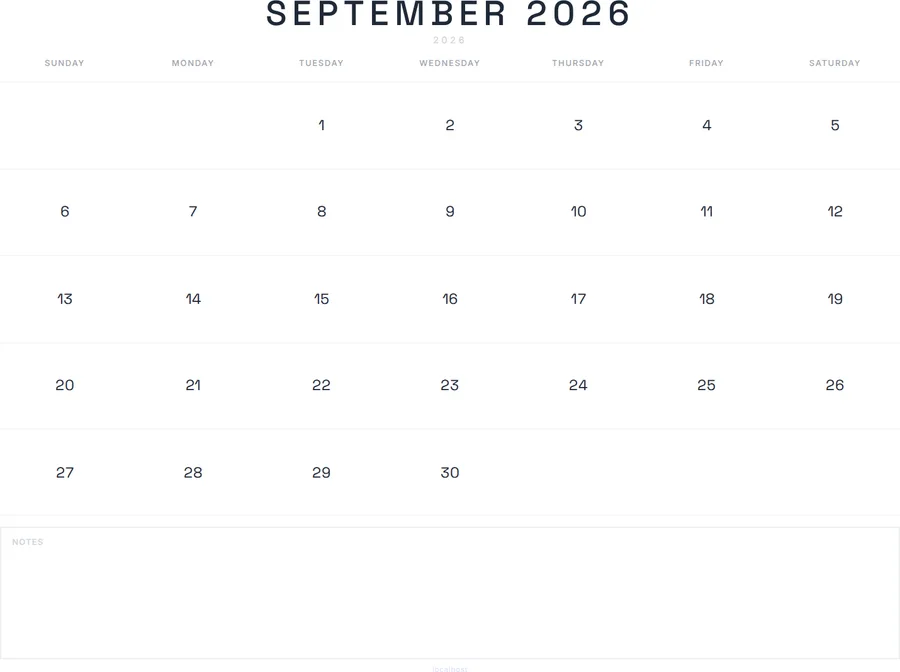 September 2026 Calendar Printable with Notes - Modern preview
