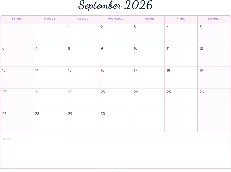 September 2026 Calendar Printable with Notes - Script preview