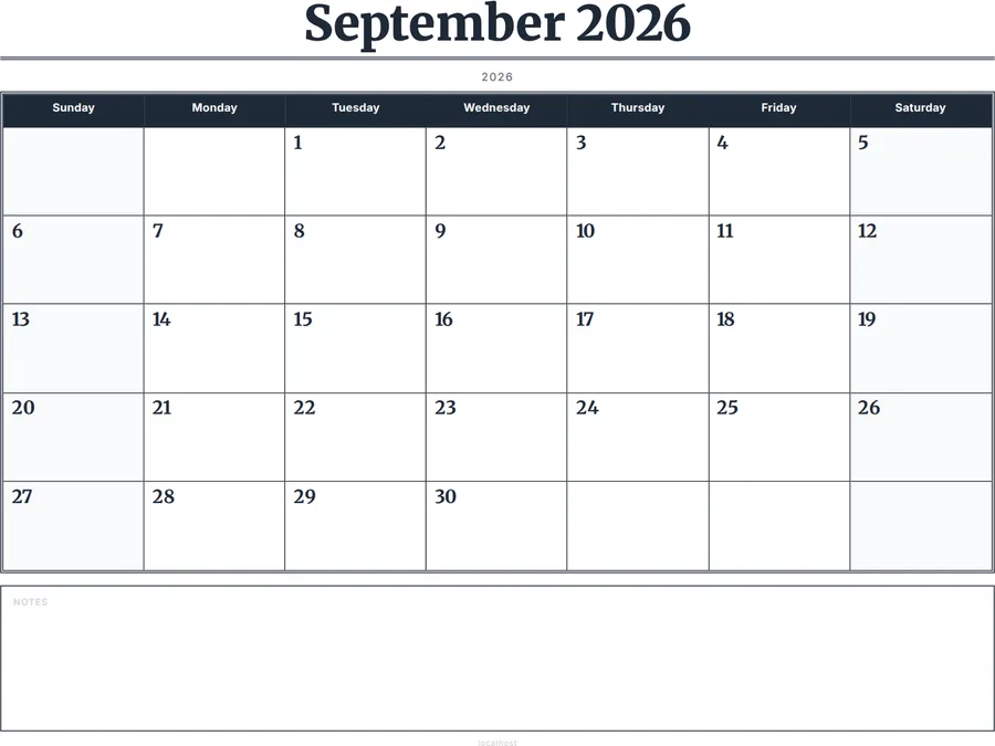 September 2026 Calendar Printable with Notes - Serif Grid preview