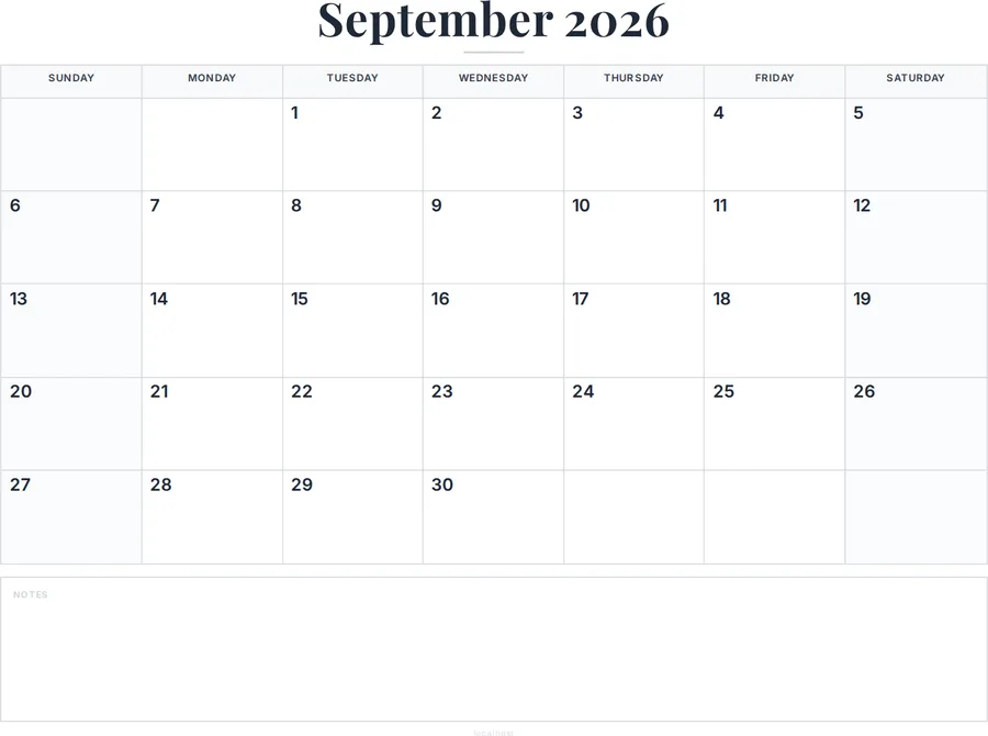 September 2026 Calendar Printable with Notes preview