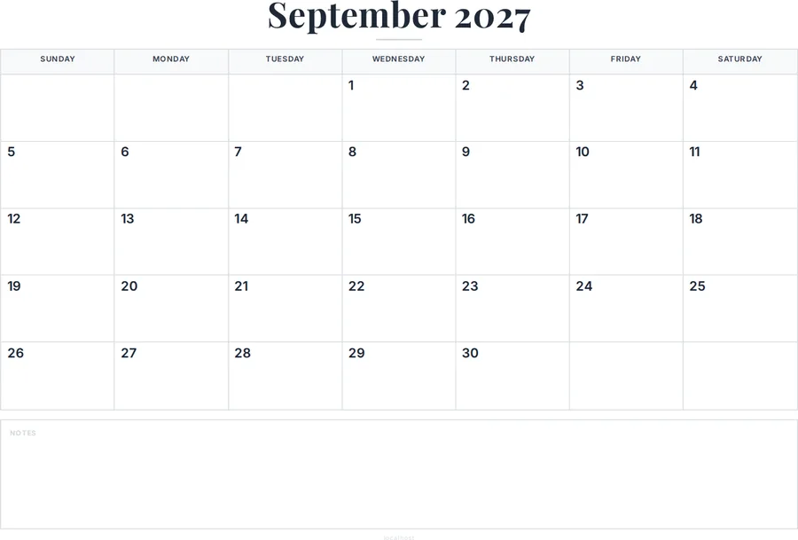 September 2027 Calendar Printable with Notes preview