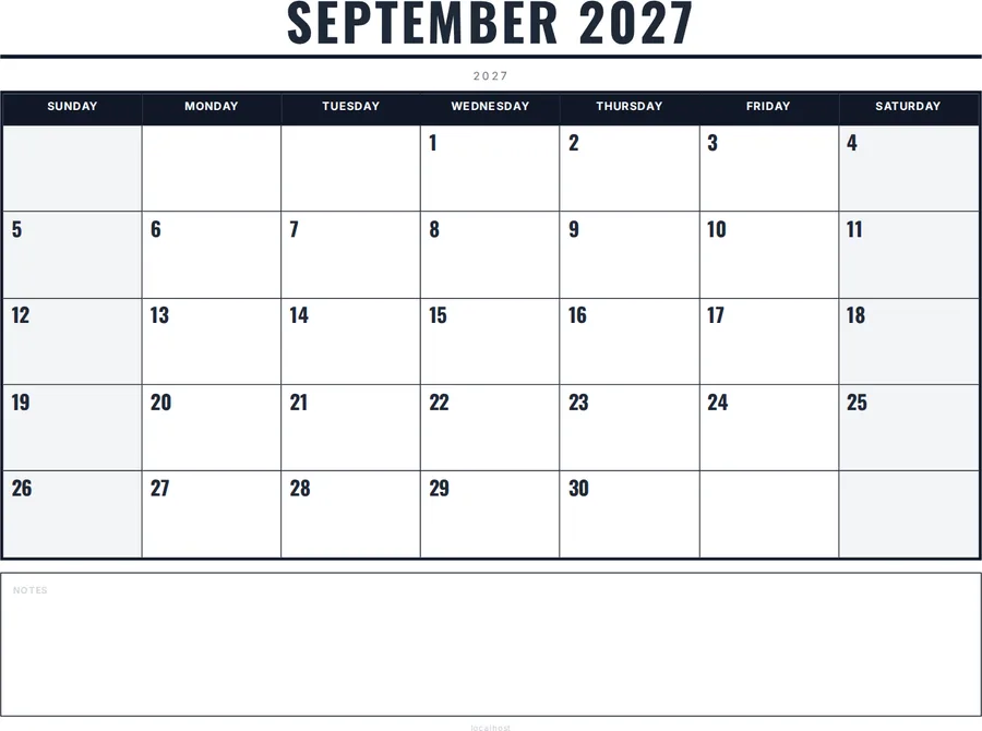 September 2027 Calendar Printable with Notes - Bold preview