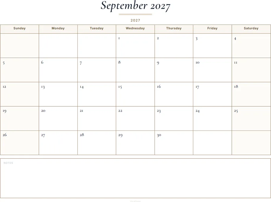 September 2027 Calendar Printable with Notes - Classic preview