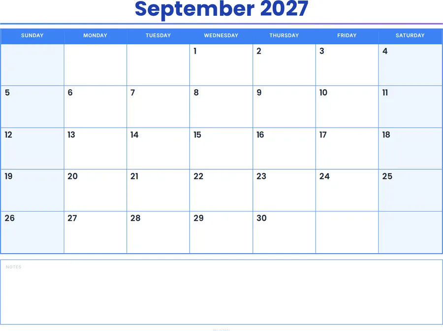September 2027 Calendar Printable with Notes - Colored Header preview