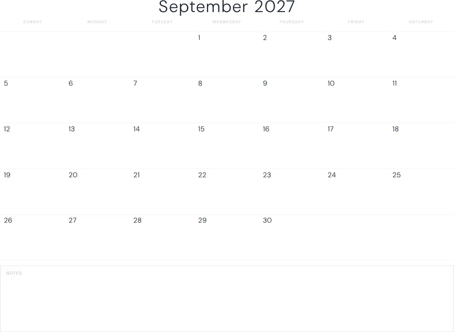 September 2027 Calendar Printable with Notes - Minimal preview