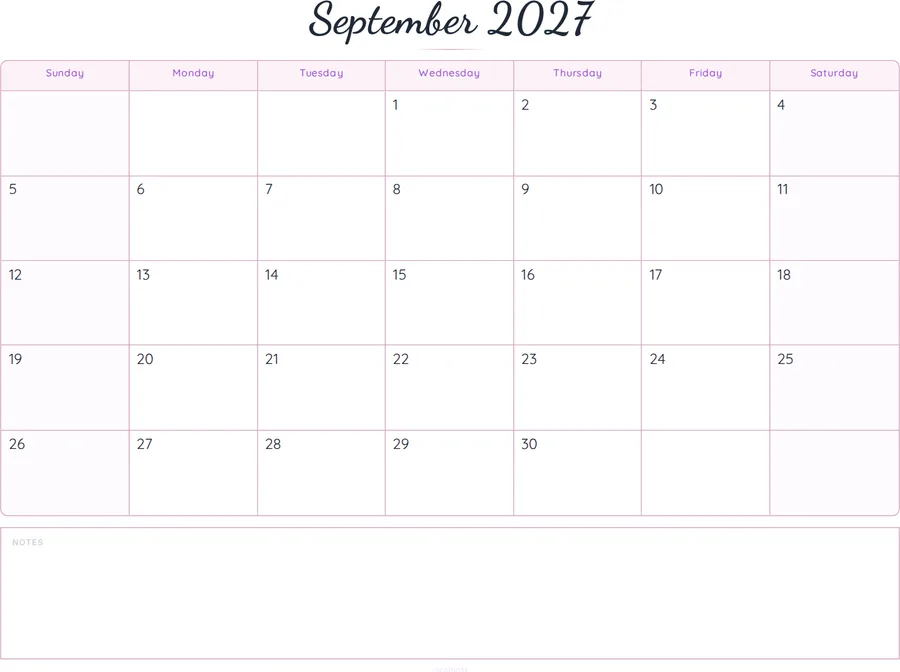 September 2027 Calendar Printable with Notes - Script preview