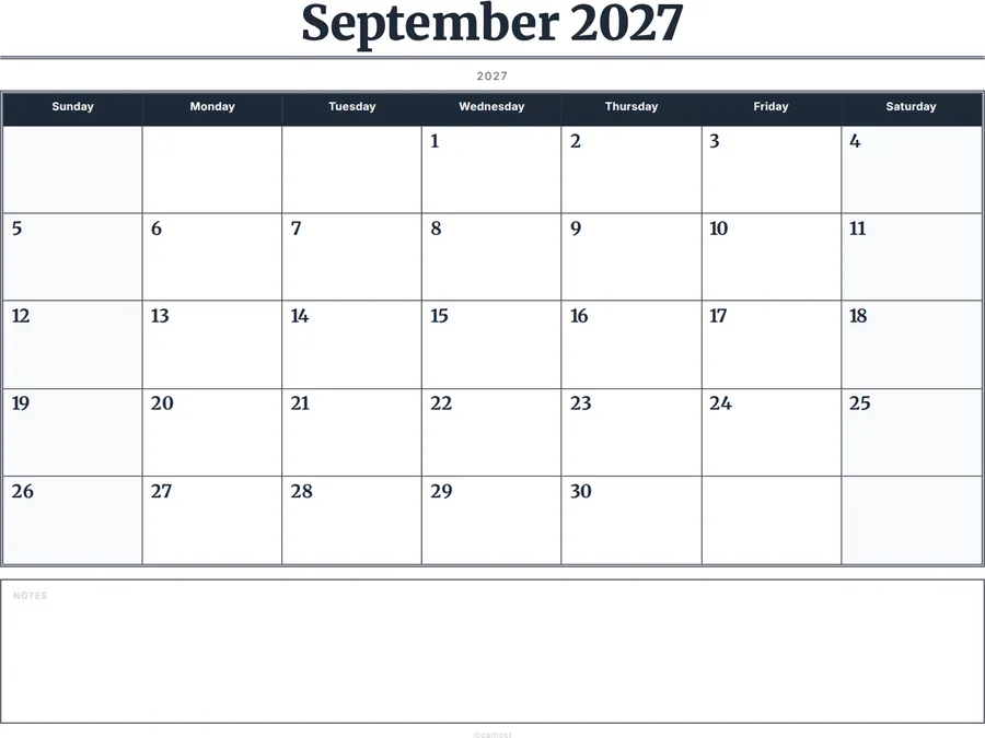 September 2027 Calendar Printable with Notes - Serif Grid preview