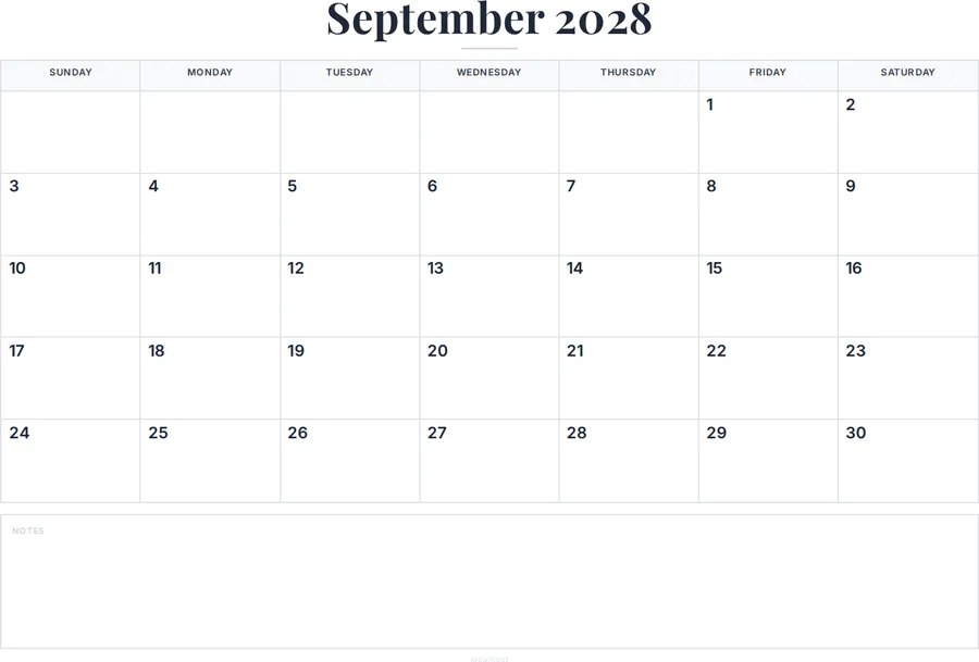 September 2028 Calendar Printable with Notes preview
