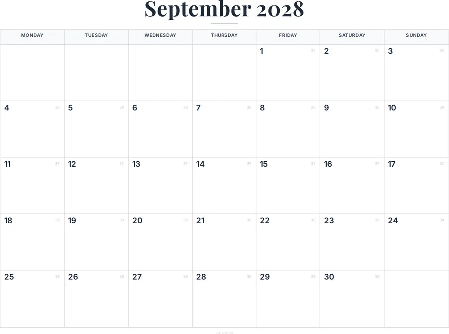 September 2028 Calendar with Holidays preview