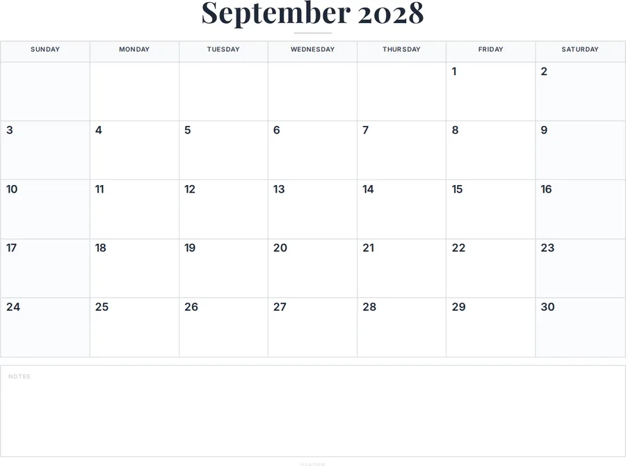 September 2028 Calendar Printable with Notes preview