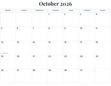 October 2026 Calendar Printable with US Holidays